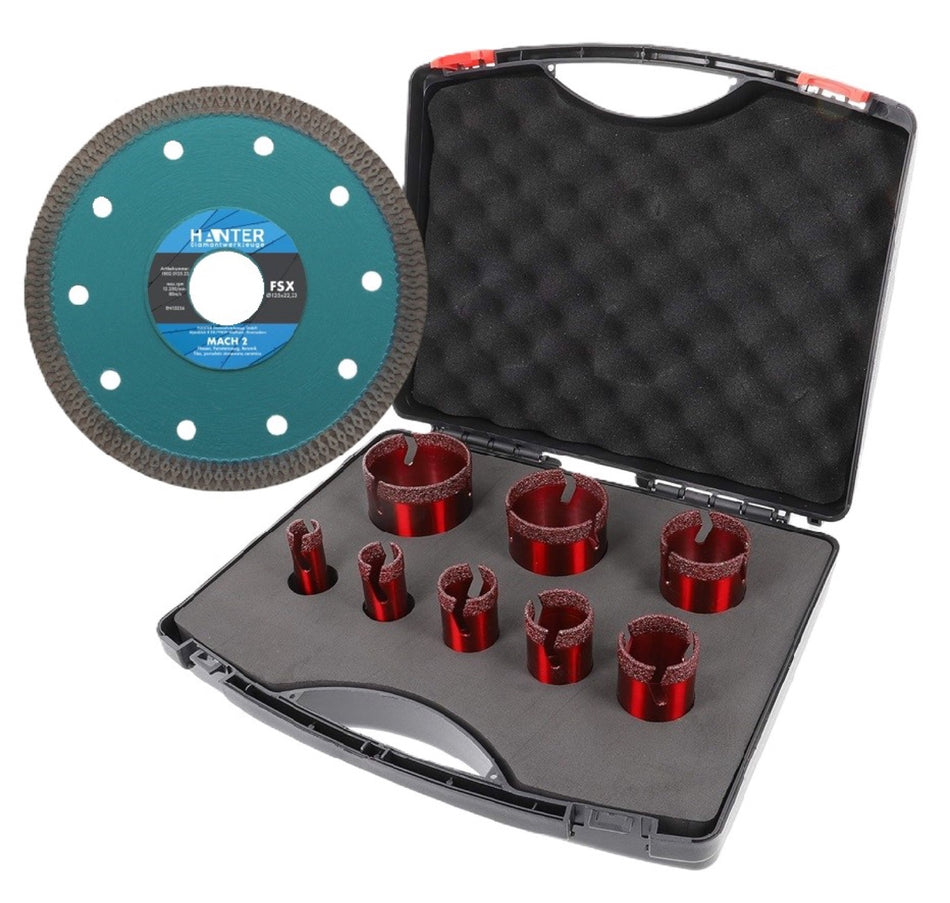 Diamant Fliesen Schneid und Bohrset 9-Teilig – FBR MACH 1 + FSX MACH 2 Ø 20, 25, 32, 35, 40, 50, 60